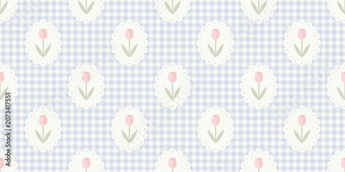 Tulip Scallop Frame Seamless Pattern on Blue Gingham Background