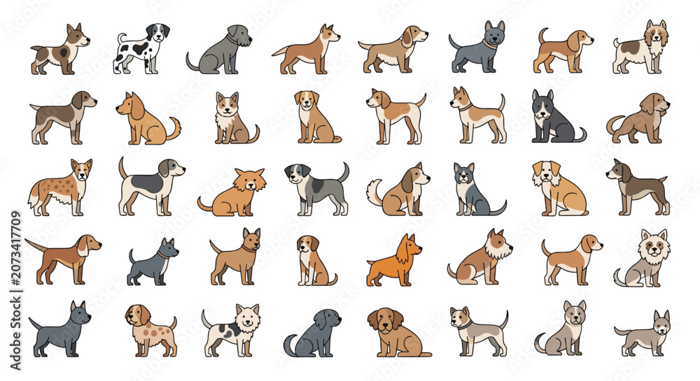 Fototapeta premium Extensive cartoon collection of various dog breeds and cute puppies in flat design style isolated on white background.