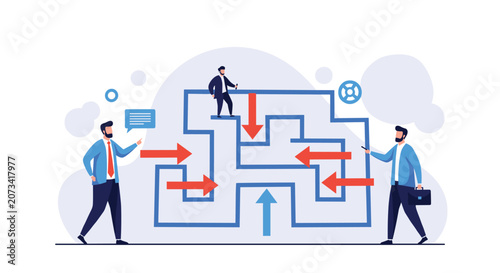 Business professionals collaborating and using directional red arrows to find path through complex blue maze.