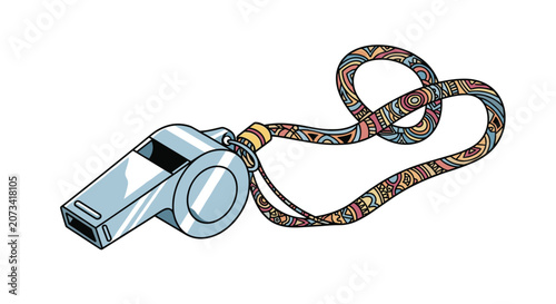 Shiny metal whistle is attached to a vibrant, colorful patterned lanyard, representing sports coaching, referee, and security.