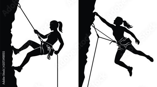 Detailed black silhouette of a female rock climber ascending a steep cliff with safety gear