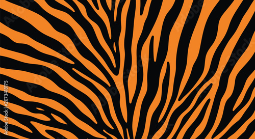 Bold seamless tiger stripe pattern in vibrant orange and black colors representing wild safari textures on wallpaper.