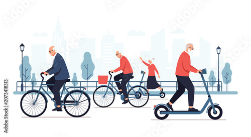 Active senior citizens riding bicycles and electric scooters on city lane with skyscrapers on background.