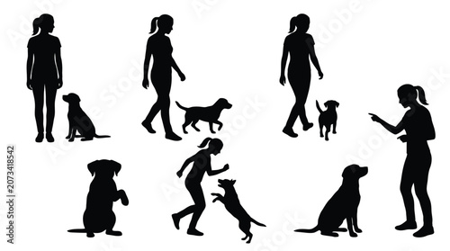 Black silhouettes of a woman interacting with her pet dog in various poses and actions