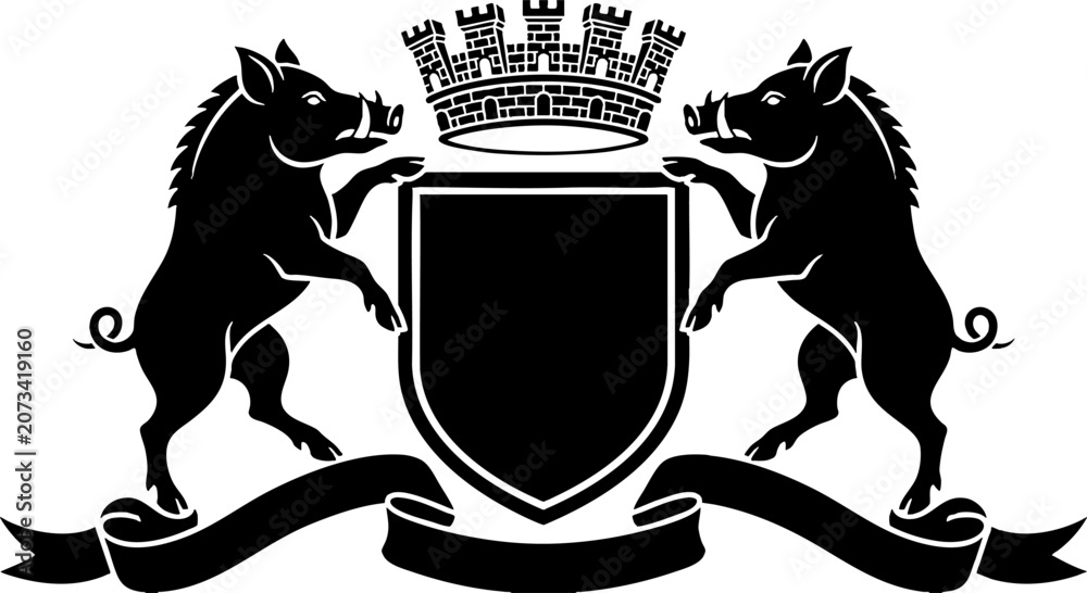 Fototapeta premium Heraldic Coat of Arms Silhouette with Wild Boars and Shield