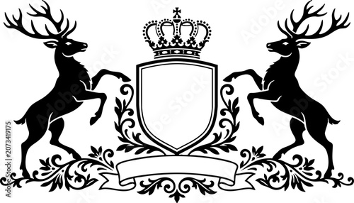 Vintage Heraldic Crest with Stags Shield and Crown
