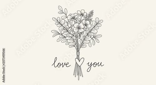Hand drawn botanical wildflower bouquet sketch with love you elegant cursive text on a soft cream background.