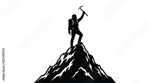 A bold hiker stands victorious on a mountain peak holding a sharp ice axe aloft high