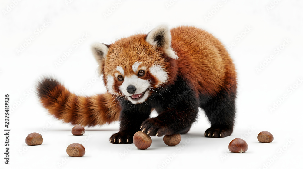 Obraz premium AI-generated adorable red panda playing with chestnuts white background