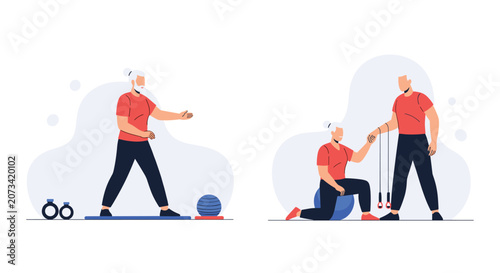 Dedicated physical therapists helping senior citizens perform therapeutic exercises for healthy aging and mobility.