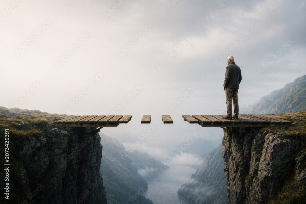 Naklejka premium Man faces a broken wooden bridge over mountains. Space for text.
