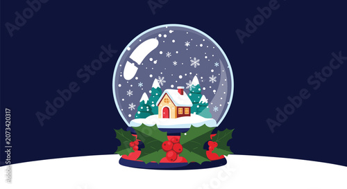 Magical Christmas snow globe with a cozy small house and snowy pine trees inside against a dark blue background.