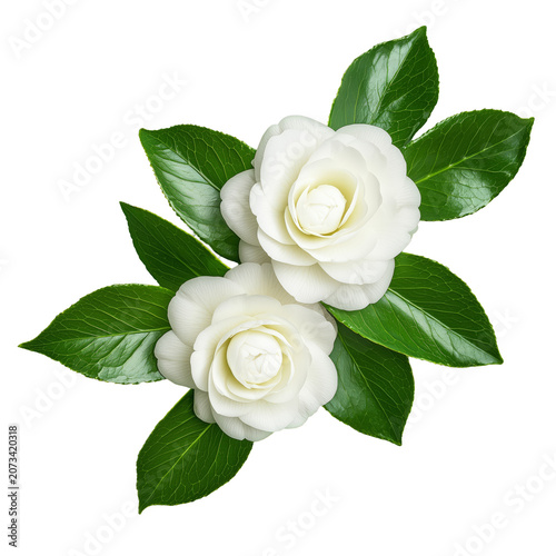 Isolated beautiful white camellia flowers with vibrant green leaves