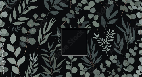 Dark elegant background with a seamless pattern of green leaves and eucalyptus branches around a square frame.