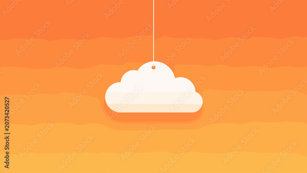 Fototapeta premium Orange gradient scene with small white cloud hanging from thin line, cloud, orange, gradient, hanging, minimal, sky, rope, soft,
