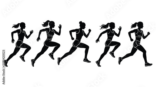 Black silhouettes of a female runner in various dynamic athletic poses captured during fast movement