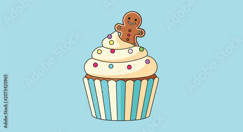 Delicious Christmas holiday cupcake with white frosting, colorful sprinkles, and a cute gingerbread man cookie on top.