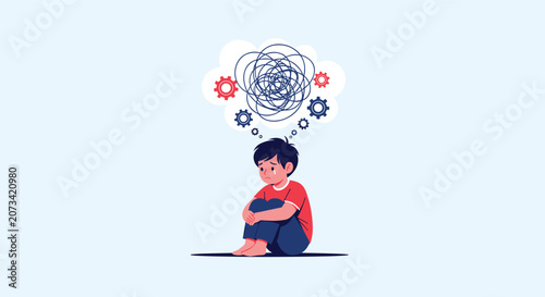 Sad crying boy sitting on floor with a messy scribble cloud and gears above head representing mental stress.