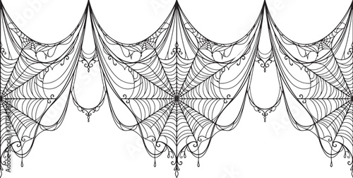 Seamless Halloween spider web border with decorative hanging lace elements for spooky holiday party invitation graphic design