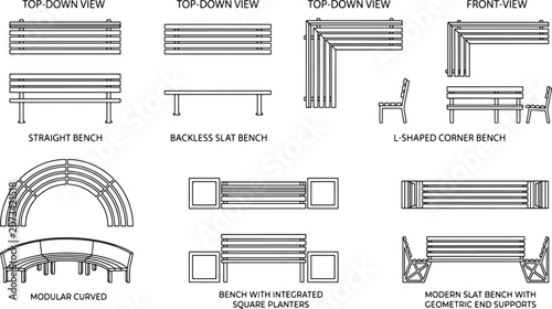 Set of outdoor park bench design blueprints showing various modular configurations and structural views in vector format