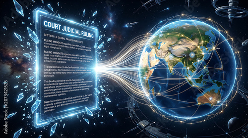 Glowing globe with overlaid legal text and connecting lines a futuristic scene