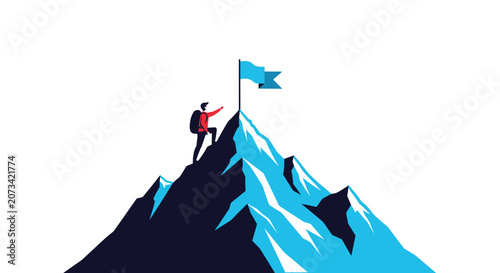 Determined hiker standing on top of a steep blue and black snowy mountain peak next to a waving success flag.
