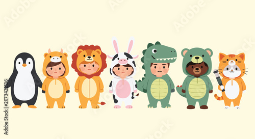 Adorable line of small children wearing cute animal kigurumi pajamas like penguin, lion, cow, and dinosaur.