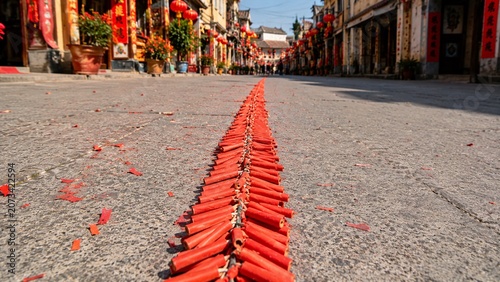 Long string of traditional red firecrackers laid out on a street ready for a daytime festival celebration