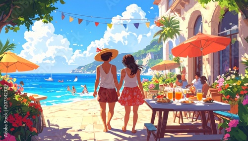 Couple walks hand-in-hand toward beach, past restaurant with diners on a sunny day