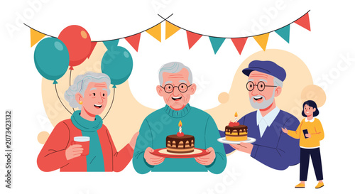Senior citizens celebrating birthday party together with delicious chocolate cake, colorful balloons, and flags.