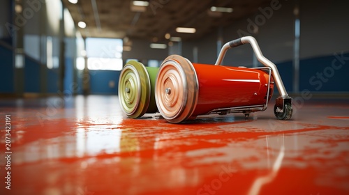 A photo of a paint gallon on a floor with rollers.
