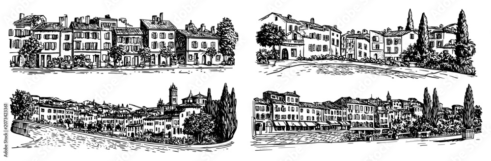 Obraz premium Set of European Old Town Street Sceneries, Hand Drawn Engraving Style Mediterranean Village Panoramas, Vintage Architecture Collection