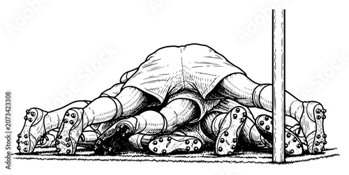 Soccer Players Celebrating Goal in a Pileup Illustration, Hand Drawn Engraving Style Football Team Victory Scene