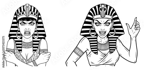 Obraz na plátně Angry Egyptian Queen Cleopatra Character Illustration, Hand Drawn Pharaoh Woman