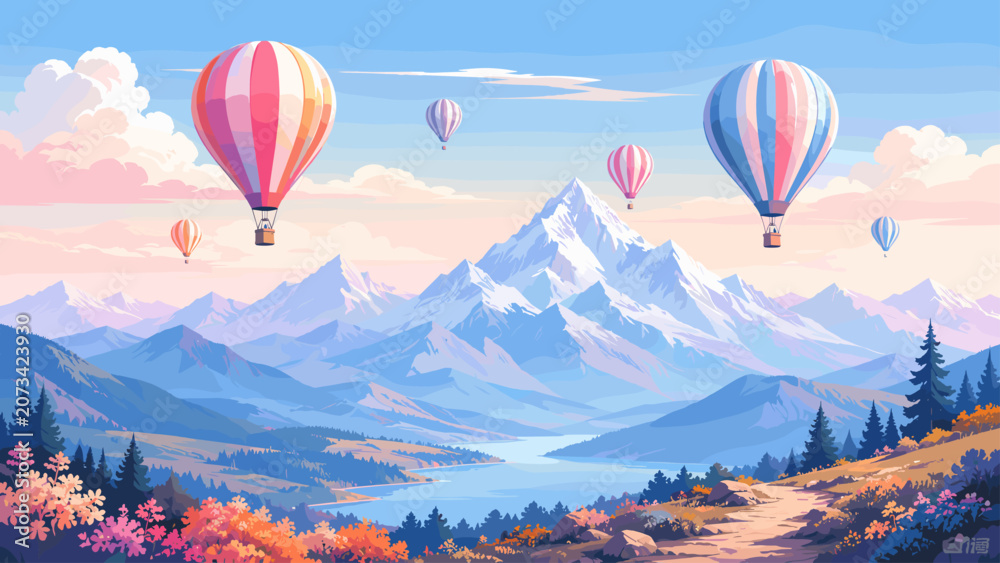 Obraz premium Hot air balloon mountain landscape with pastel blue peaks and colorful sky balloons, balloons, mountains, landscape, hotair, blue,