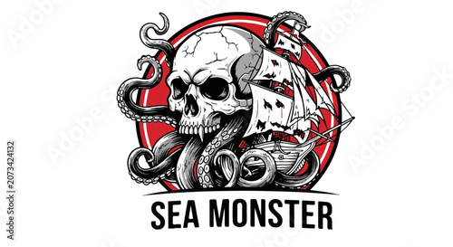 Canvastavla Kraken Skull Octopus Skull Mascot Vector Badge
