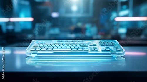 A photo of a wireless keyboard on a glass desk.