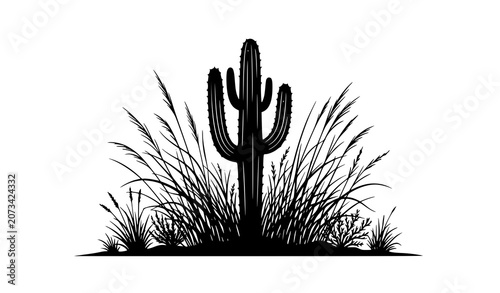 Foto Cactus standing in grass field silhouette vector illustration