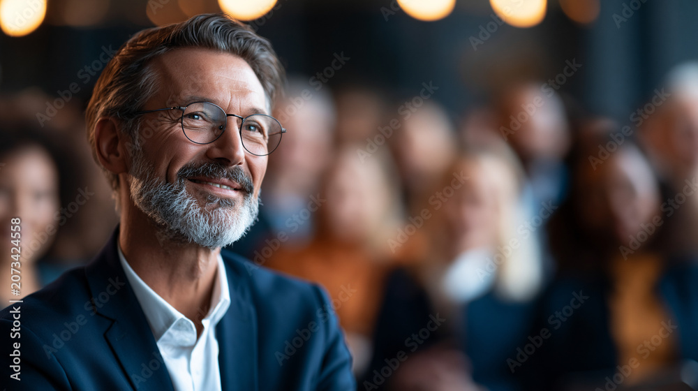 Obraz premium A wide shot of an entrepreneur holding softly a calm training class for a bright large group of business people in a conference hall training class open faces bright