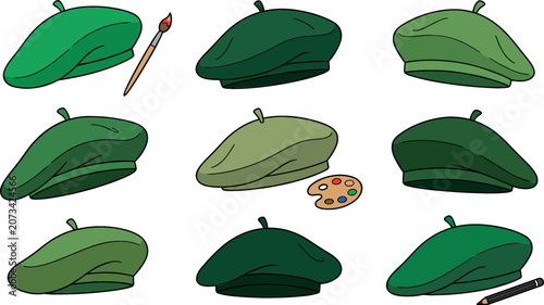 Foto Green artist beret hats vector illustration set featuring various shades with painting brush palette and pencil elements isolated on white background