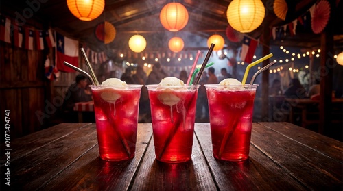 Three glasses of Chilean *terremoto* with ice cream on a wooden table, inside a *fonda* decorated with flags and warm lights, capturing the festive atmosphere of the *Fiestas Patrias*.