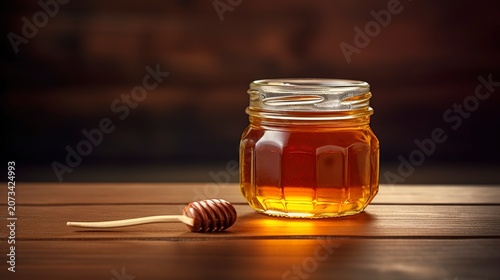 A photo of honey in a jar on a rustic wooden table.