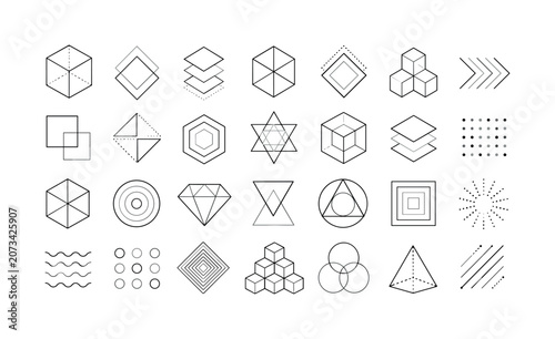 Geometric abstract outline icon set with cubes, diamonds and patterns, geometric, abstract, icons, cubes, diamonds, shapes,