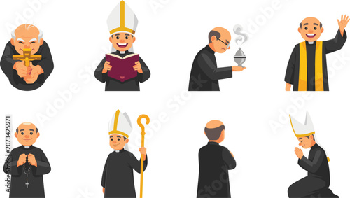 Photos Catholic Bishop and Priest Character Vector Set with Mitre Hat Crosier Staff Ros