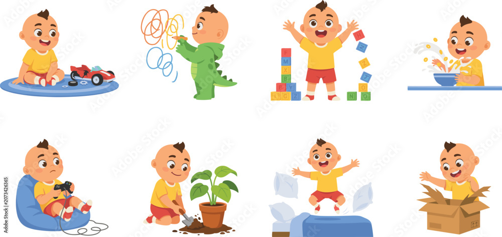 Fototapeta premium Cute Toddler Boy Character Vector Set with Daily Activities Playing Blocks Scribbling Painting Video Games Eating and Jumping Poses Illustrations