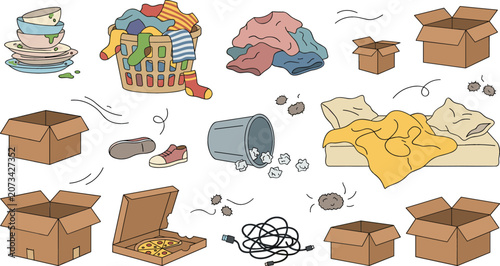 Obraz na płótnie Messy room and moving house vector illustration set with dirty dishes, laundry b