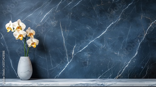 Empty white marble table with orchid flowers in vase on dark blue marble wall background