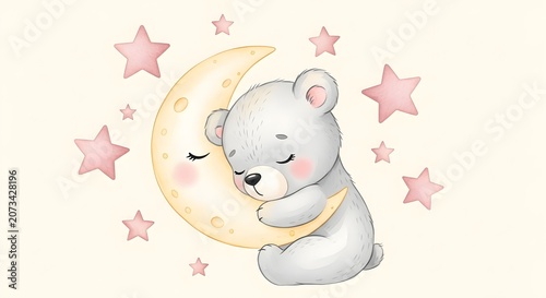 Cuddly bear hugging crescent moon with stars