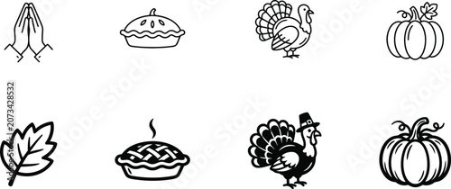 Foto Thanksgiving icons set with praying hands turkey pumpkin pie and fall leaf