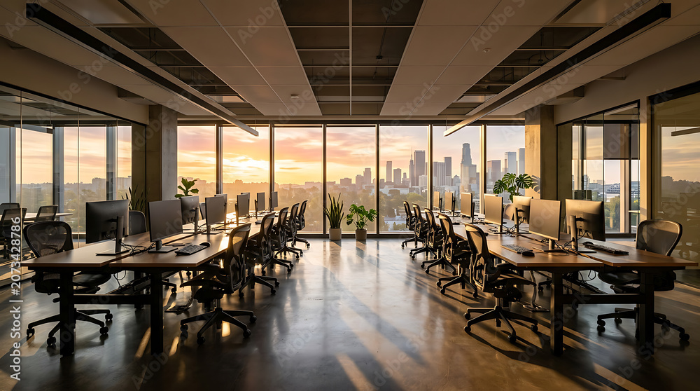 Fototapeta premium Empty modern open plan office interior during sunset with a cityscape view